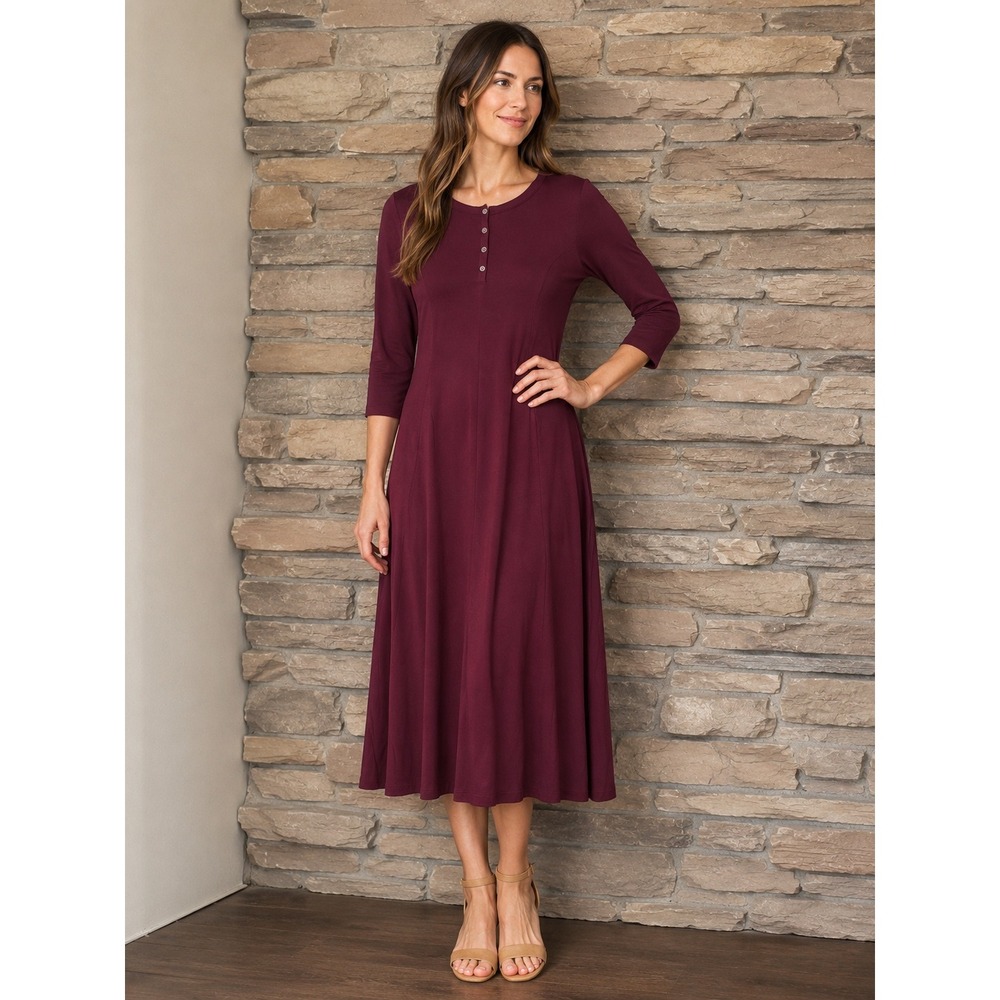 Coldwater Creek Blackberry Purple Henley Midi Dress 3/4 Sleeve NWT Size S